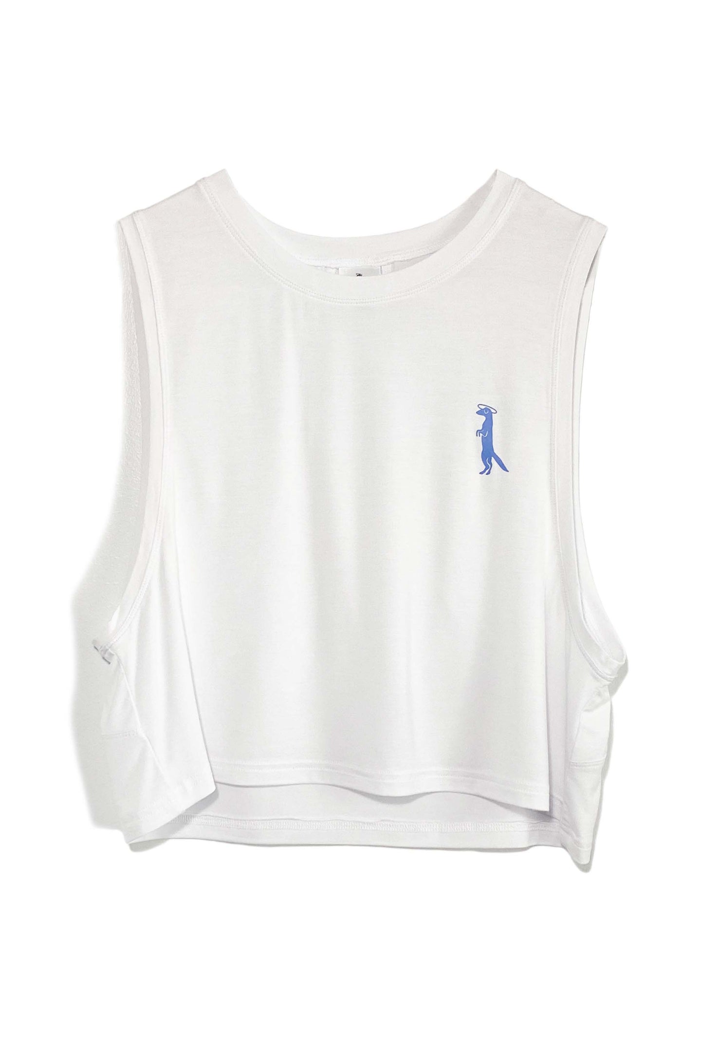 Soft bamboo fabric in a cooling loose, crop fit.  Perfect for in or out of the gym or on the yoga mat!  In white with a printed chambray blue Mongoose logo on the front.